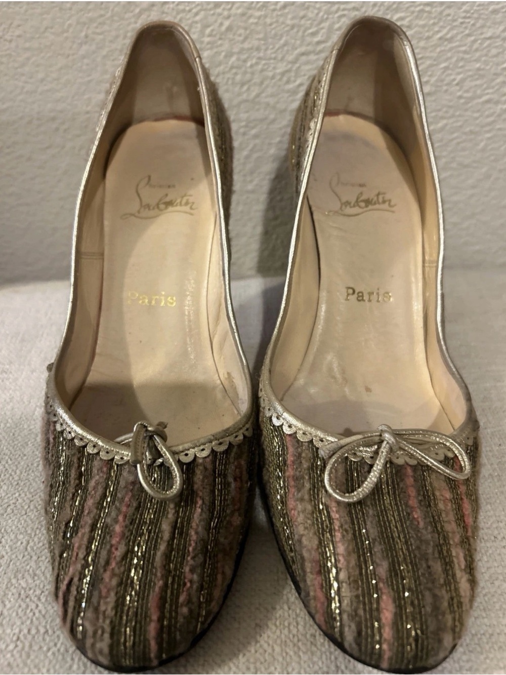 Christian Louboutin Striped Bow Stiletto Pumps Gold Brown Pink